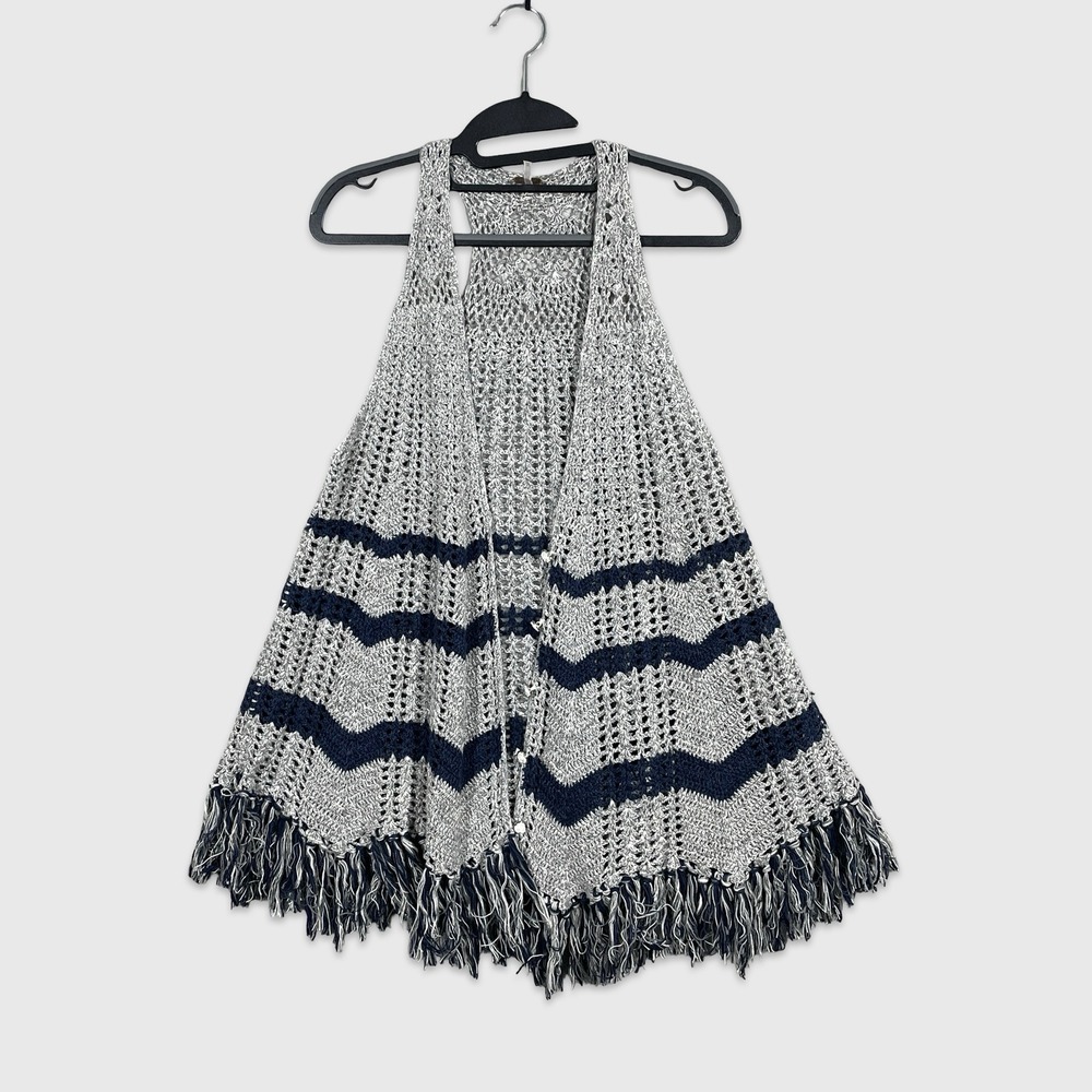 Free People Crochet Vest Women M Grey Blue Boho Festival Beachy Fringe